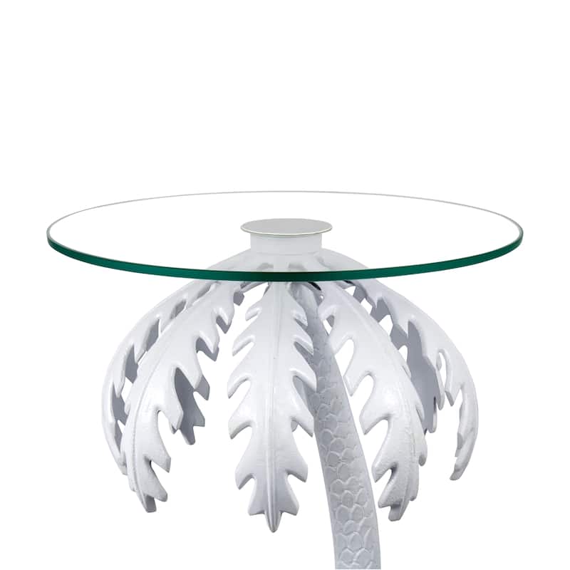 JONATHAN Y Hedda 24.75" Glass Top Metal Palm Tree End Table, White