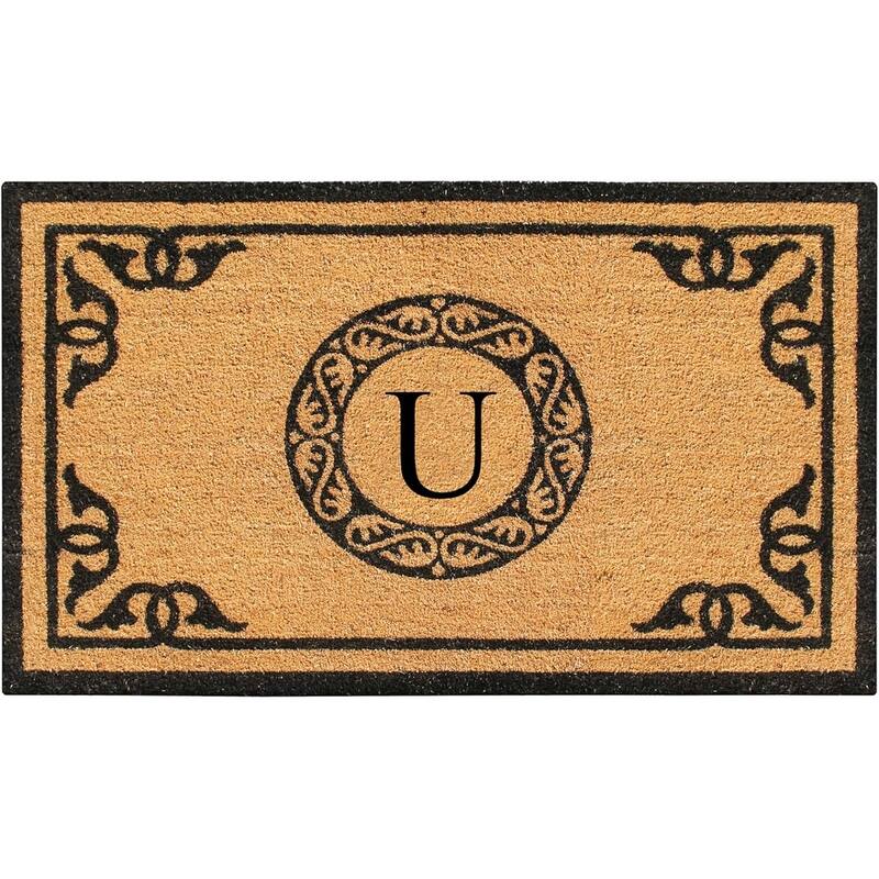A1HC Natural Coir and thick PVC backing Geneva Floral Anti-Shed Front Doormat 24" x 39" - Monogrammed U