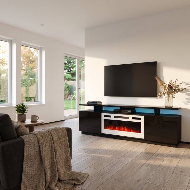 Meble Furniture Eva Modern 71" Electric Fireplace TV Stand with LED Lighting for up to 80" TVs