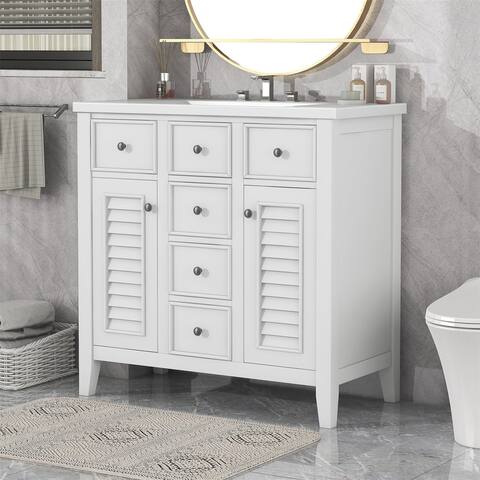 White 36" Bathroom Vanity Ceramic Basin Two Cabinets&Five Drawers