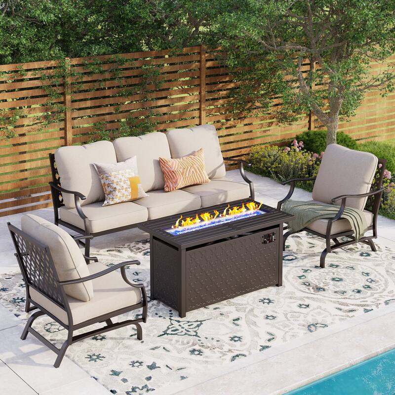 MAISON ARTS Outdoor Sofa Set 4/6-Piece Patio Conversation Set with 45'' Gas Fire Pit Table - Set 3 - Beige
