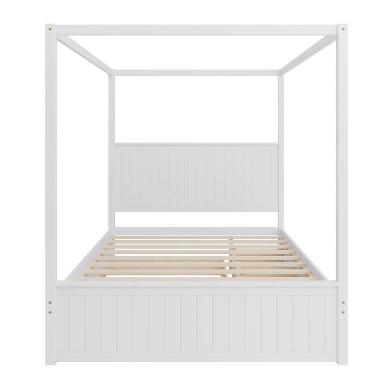 Queen Size Platform Canopy Bed with Trundle Bed and 3 Drawers Storage Bed, 4-post Solid Wood Bed Frame with Wingback Headboard