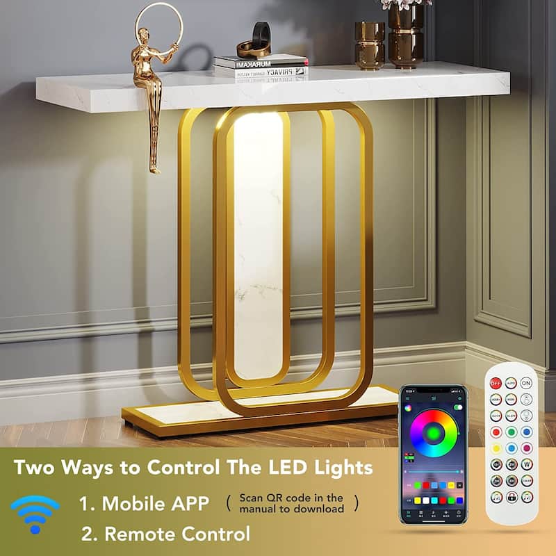 41.3" Console Table with LED Lights, Modern Gold White Entryway Hallway Accent Table