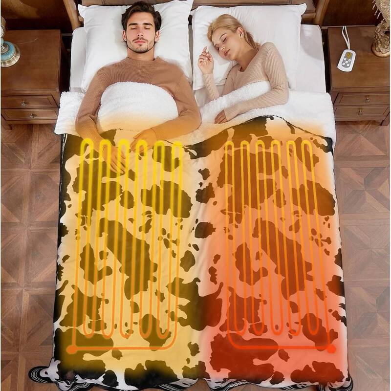 Cow Print 10 Heat Levels Electric Heating Blanket, Machine Washable, Black+White