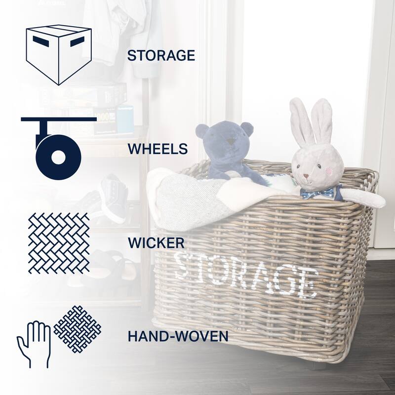 happimess Yael Coastal Hand-Woven "STORAGE" Rattan Basket with Wheels and Handles, Kubu Gray