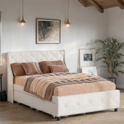 Queen Size Linen Platform Bed with Storage Headboard,No Noise