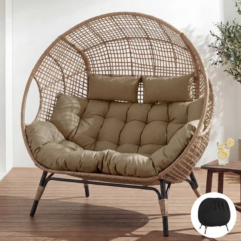 2-Person Papasan-Style Oversized PE Wicker Egg Chair with Cushions, 57.1" Wide, 680-lb Capacity, Indoor/Outdoor - Brown w/ Cover