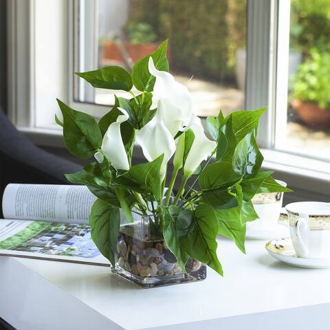Enova Home Artificial Real Touch Cream Lily Fake Silk Flowers Arrangement with Green Leaf in Cube Glass Vase for Home Decoration