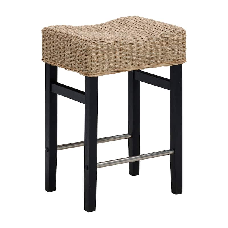 Harvey Rattan Bar Stool, Bohemian Counter Height Stool with Woven Seagrass Seat, Solid Wood Legs, and Metal Footrest