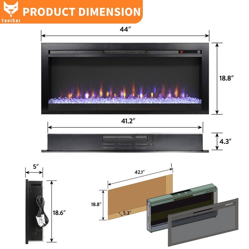 44 in. Wall Mount Recess Tempered Glass Electric Fireplace with remote multi color,LED light heater in Black