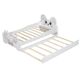 Cartoon Twin Platform Bed with Trundle & Cute Headboard, Wooden Bed Frame, No Box Spring Required/Easy Assembly Antique White