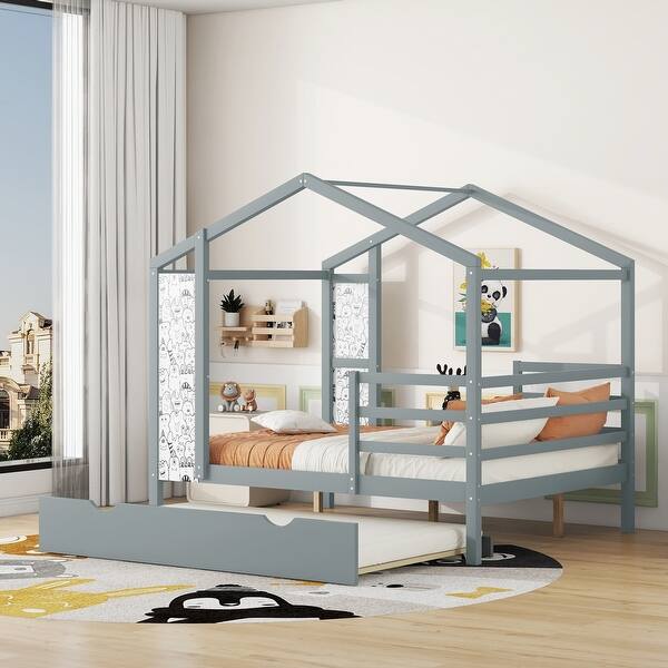 slide 2 of 15, Gray Full Size Solid Wood House Bed with Trundle, Fence and Writing Board for Kids, Boys and Girls, Bedroom Full - Gray