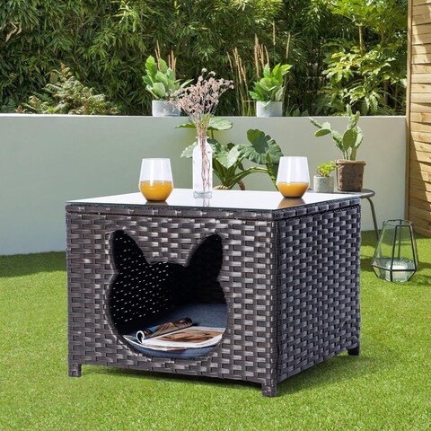 OVIOS Patio Outdoor Brown Wicker Pet Coffee Table with Glass Top