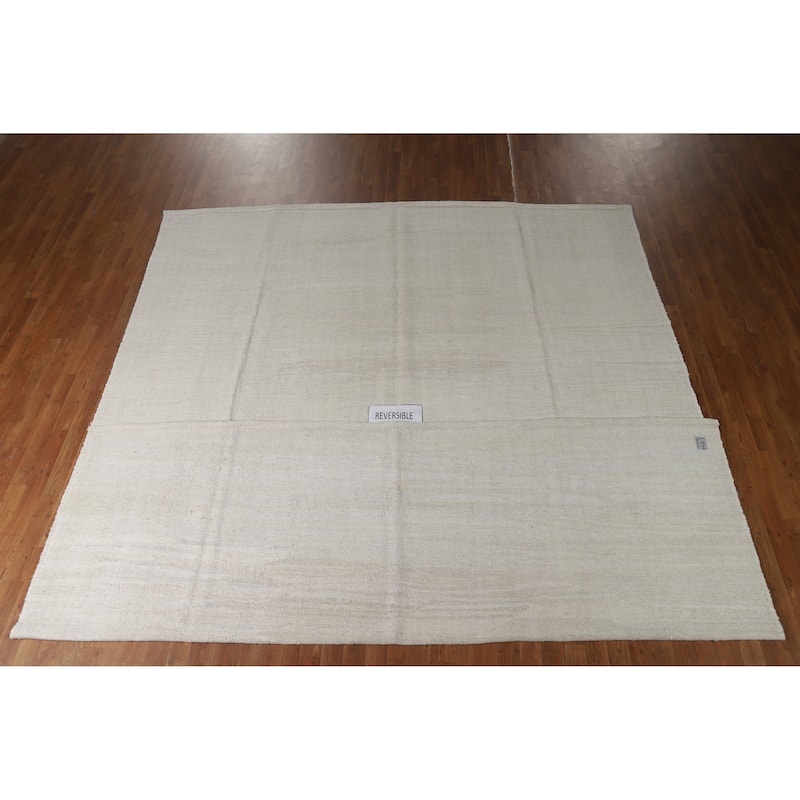 Hand Woven Oriental Cotton Carpet Modern Solid Beige & Ivories Kilim Area Rug - 12' 4'' X 9' 9''
