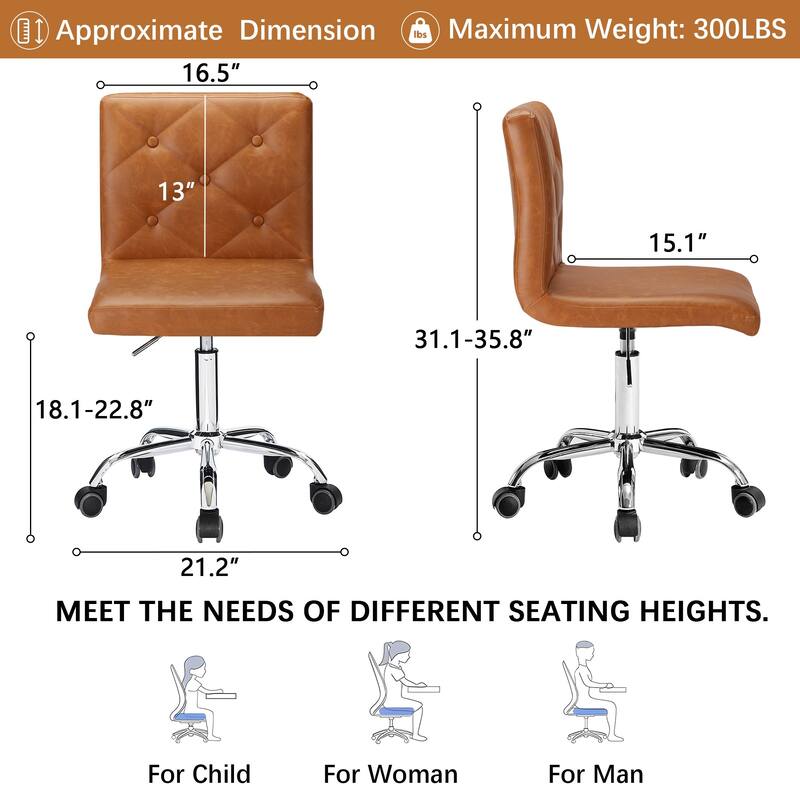 Javlergo Armless Office Desk Chair, PU Leather Mid-Back Adjustable Height 360° Rolling Swivel for Home Office Work