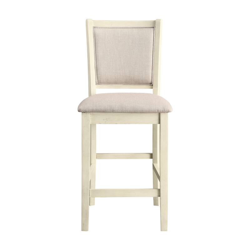 Han Counter Chair Set of 2, Beige Fabric, Ivory Solid Rubberwood