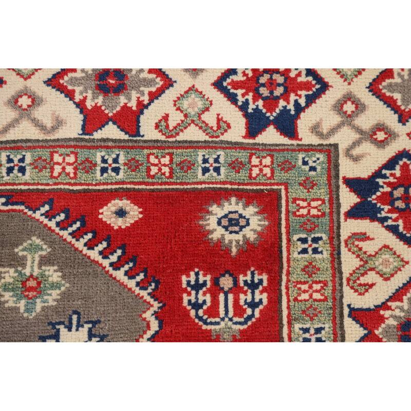 Geometric Kazak Oriental Area Rug Handmade Grey Wool Carpet - 5'0" x 6'6"