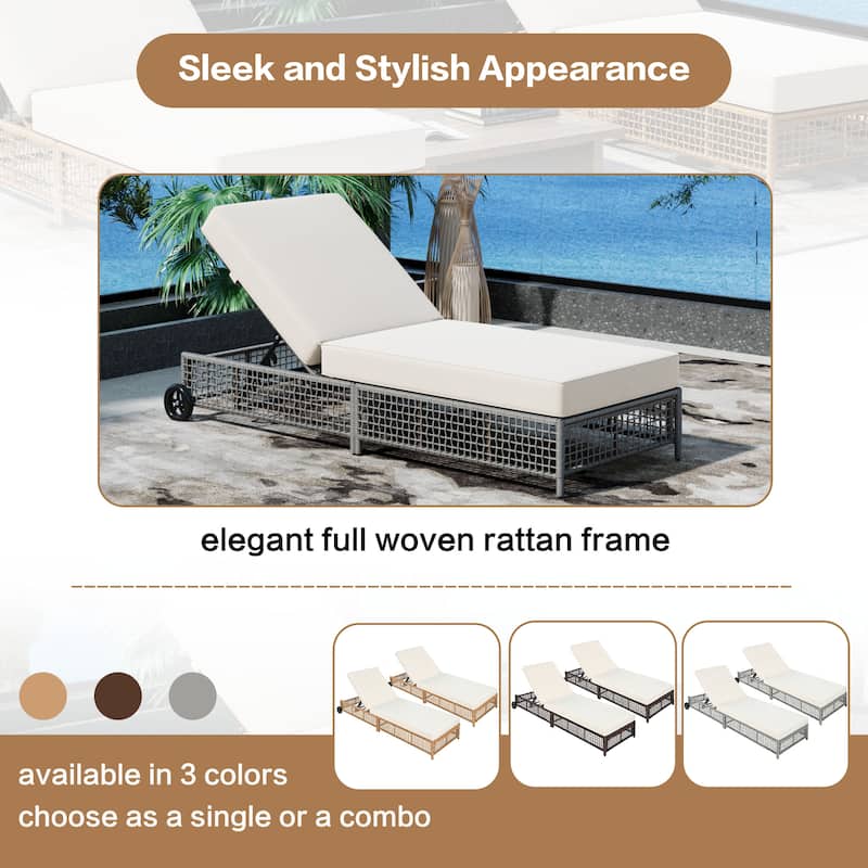 Adjustable Outdoor Rattan Lounge Chair with Wheels & Cushion – 5-Position Recliner for Patio, Poolside, or Garden – Set of 1