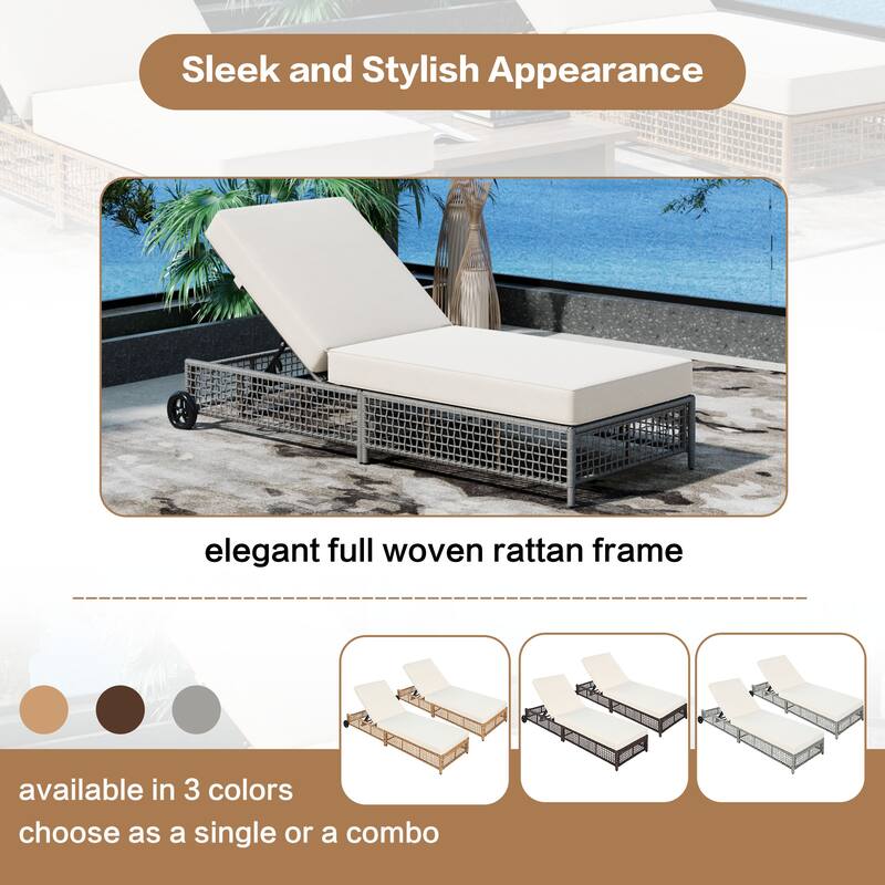 Outdoor PE Rattan Chaise Lounge with 5-Position Backrest & Wheels, Patio Recliner Chair Sun Lounger for Poolside Backyard Garden