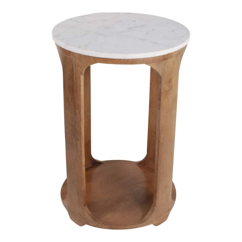 Modern Round Stone Top Accent Table with Wood Base - 22", Brown