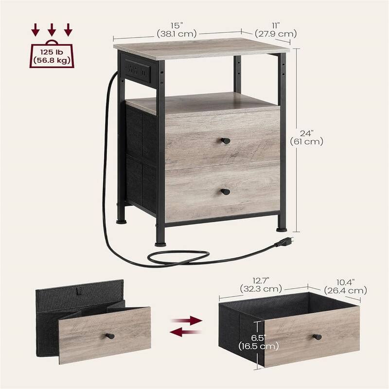 Nightstand with Charging Station Night Stand Side Table with 2 Drawers and 1 Open Shelf