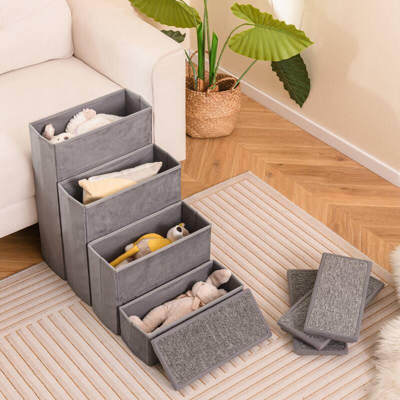 Gray Velvet MDF 4 Step Folding Dog Stairs with Storage and Non-Slip Carpet Steps - 25.5" L x 15" W x 23" H