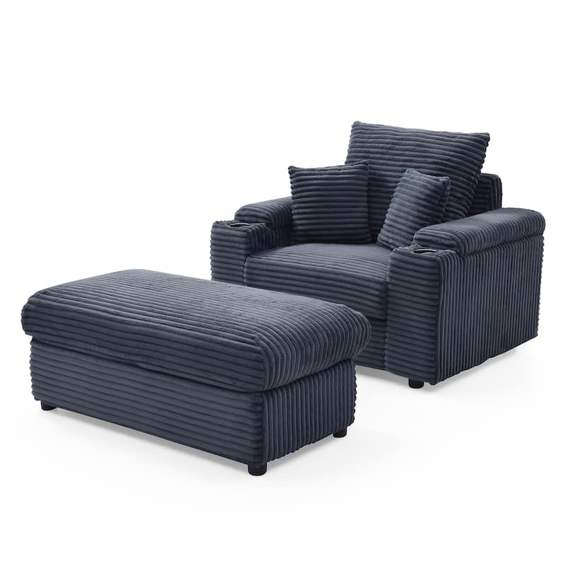 Oversize Accent Chair with Storage Ottoman,Corduroy Fabric Single Sofa,Deep Seat Lounge Armchair with Extra Wide Armrests
