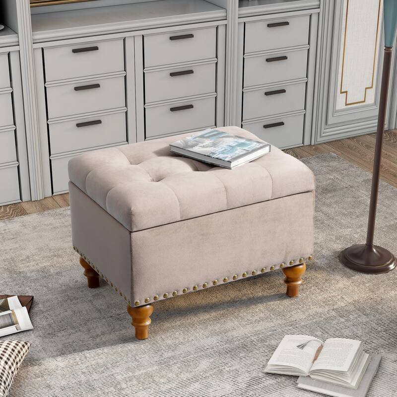 Square velvet upholstered Ottoman with storage space, hidden support hinge with easy to open top, rivet trim around