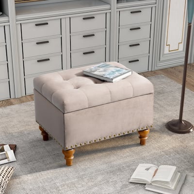 Velvet Storage Ottoman with Hidden Compartment, Square Upholstered Ottoman, End of Bed Bench with Rivet Trim & Solid Wood Legs