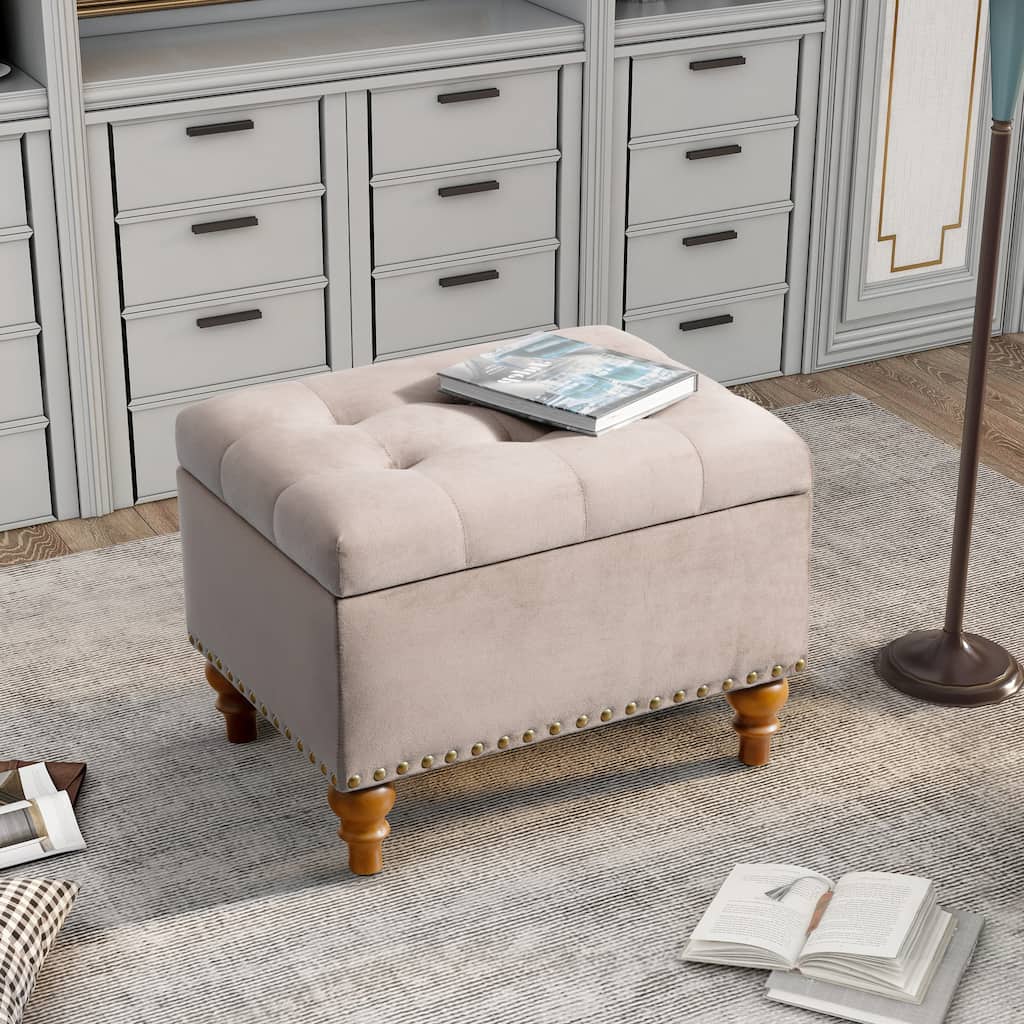 Velvet Storage Ottoman with Hidden Compartment, Square Upholstered Ottoman, End of Bed Bench with Rivet Trim & Solid Wood Legs