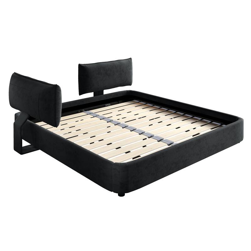 Low Profile King Size Cloud Bed Frame with Movable Headboard, Chenille Platform Bed with Metal/Solid Wood Slat Double Support