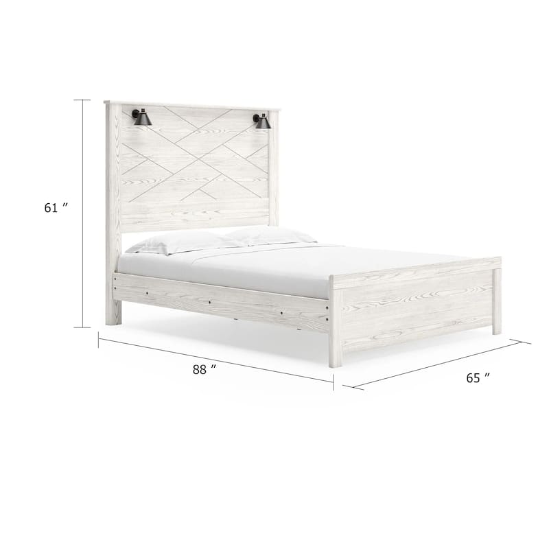 Hara Queen Panel Bed with 2 Sconce Lights, Rustic Light Gray-White Wood