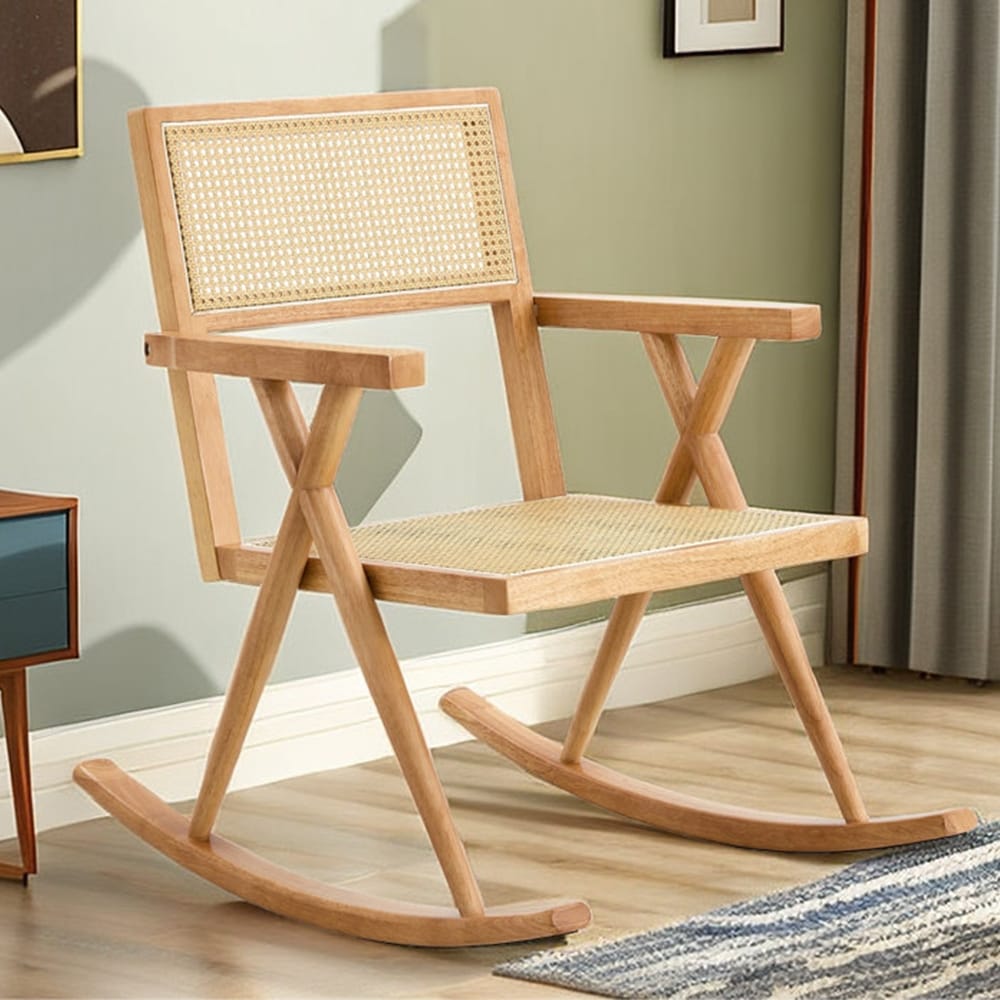 Solid Wood Rocking Chair Modern Rattan Accent Chair Rocker Armchair Rattan Rocking Chair