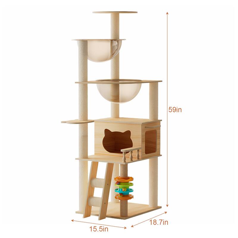 59" Modern Cat Tower, Wood Cat Tree Tower for Indoor Cats, Cat Treewith Sisal-Covered Scratching Posts and Top Perch, Cat Condo