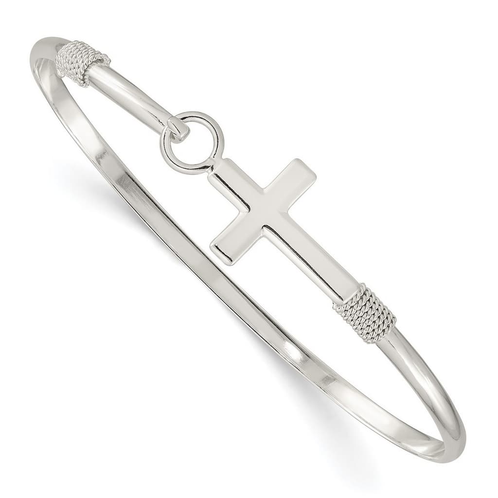 Curata 925 Sterling Silver 7" Classic Sideways Cross Hook Bangle Bracelet (Silver-finish or gold-plated)