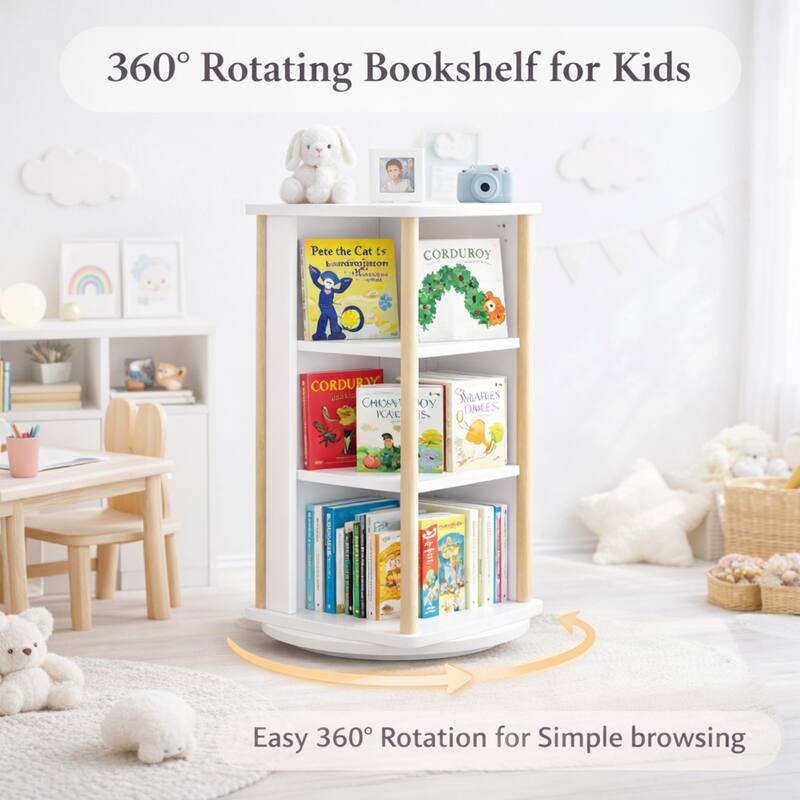 360°Rotating Kids Bookshelf with Chalkboard, 3-Tier Wood Floor Revolving Bookcase & Toy Storage Organizer, Book Display Stand