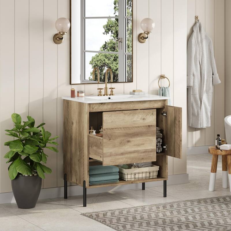 Rustic 30 " Bathroom Vanity with Drawers and Shelves