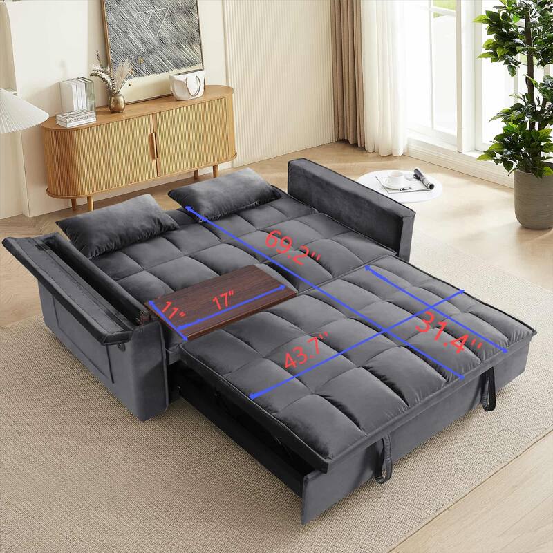 55.5" Convertible Velvet Double Sleeper Sofa Bed with Hidden Side Table