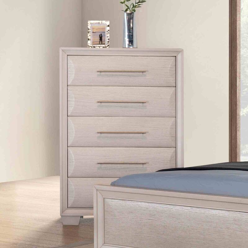 White Oak Finish Transitional Bedroom Set Bed Dresser Mirror Nightstand Chest