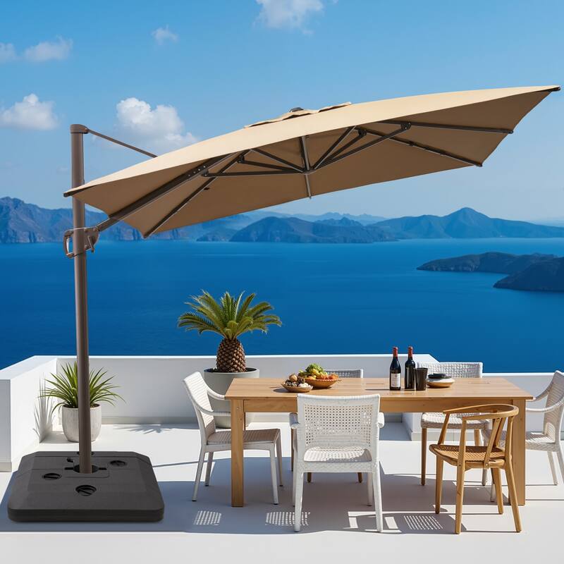 11 x 9 FT Outdoor Aluminum Patio Offset Cantilever Umbrella with Base - Tan