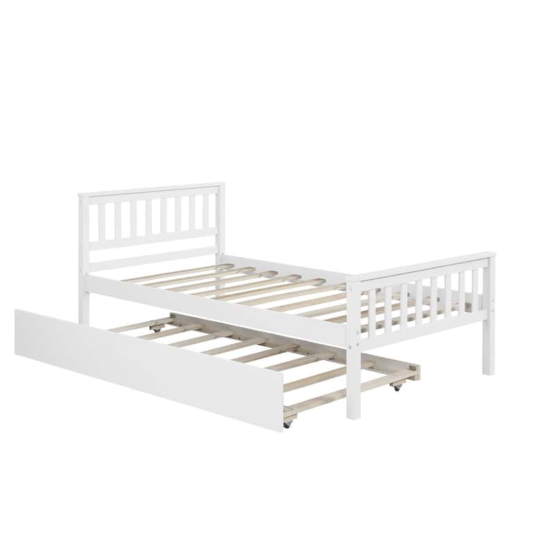 Twin Size Pine Wood Platform Bed Frame with Trundle, Headboard and Footboard for Small Spaces