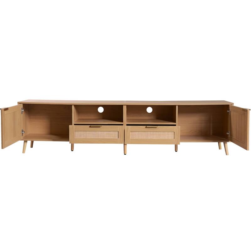 79" Rattan TV Stand for Living Room, Holds TVs Up to 85" - Farmhouse Media Console with Storage Cabinets & Open Shelves