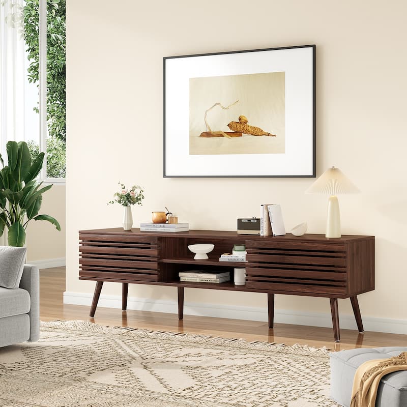 Mid Century Modern TV Stands for up to 70" TV with Storage, Fluted Wood TV Stand for Living Room, Boho Media Console