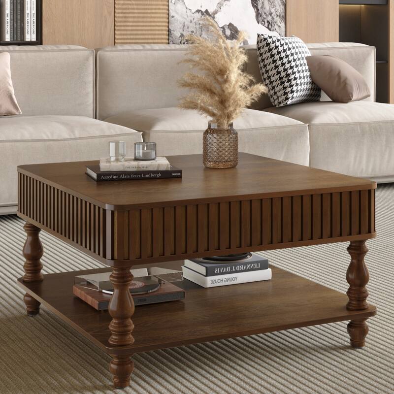 Modern Solid Wood Veneered Round/Oval/Rectangular Coffee Tea Table with Storage.