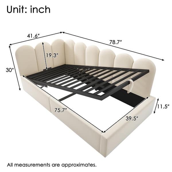 dimension image slide 1 of 2, Twin Size Velvet Upholstered Daybed with Hydraulic Storage, Metal Slatted Frame & Interchangeable Side Panels
