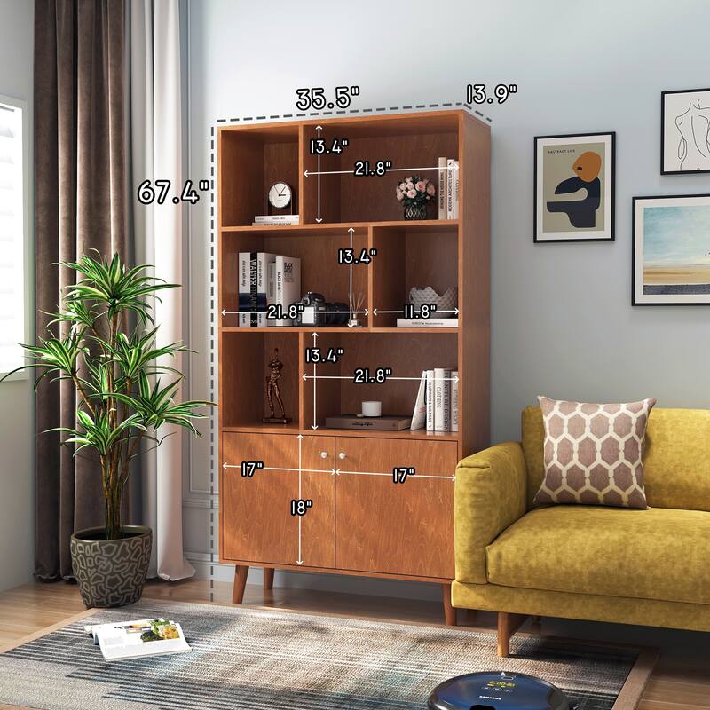 3-tier Wood Bookshelf Bookcase with 2 Bottom Enclosed Cabinet