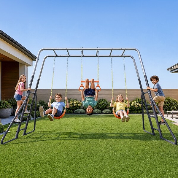 Hapfan Heavy Duty Metal Swing Sets with Monkey Bars, 2 Belt Swings