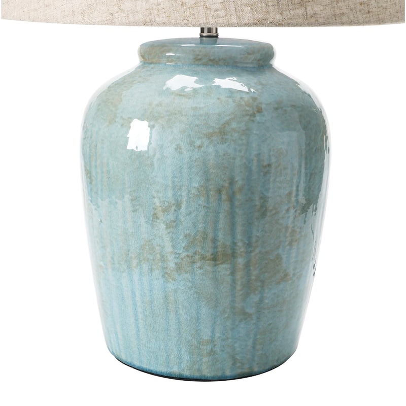 Coastal Aqua Blue Ceramic Stoneware Table Lamp with Natural Ivory Linen Shade, Reactive Glaze Finish