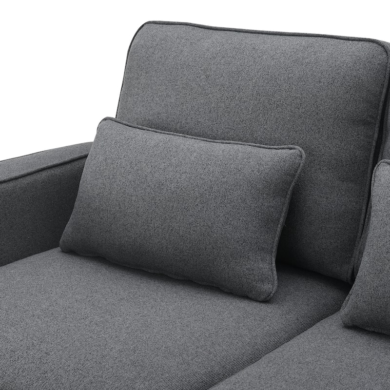 Modern 4-Seat Sofa with Console, Wireless Charging, 2 Cupholders, and 4 Pillows, Upholstered in Linen Fabric