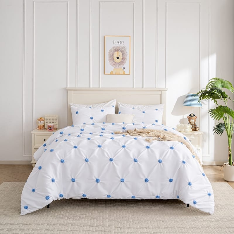 WHOLINENS Microsuede Embroidered Pinch Pleat Duvet Cover Set 3pcs